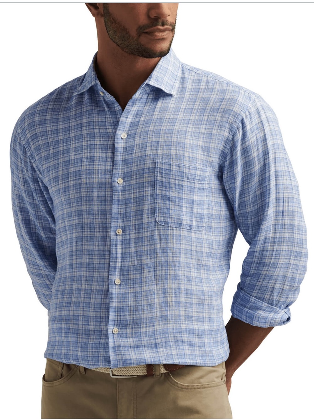 Peter Millar | Men’s Chilwa Linen Sport Shirt  Button Up Blue Poppy Plaid Large